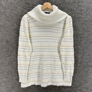 Basic Editions Sweater Pullover Women L Large White Striped Cowl Neck Knit